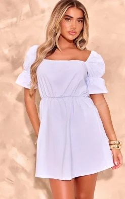 White Square Neck Puff Sleeve Shift Dress