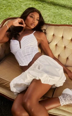 White Strappy Pleated Bust Corset Detail Crop Top