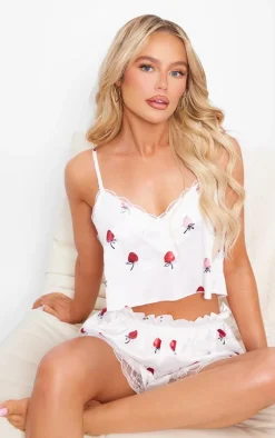 White Strawberry Print Cropped Lace Trim Satin Cami And Short Pj Set