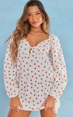 White Strawberry Print Tie Front Shift Dress