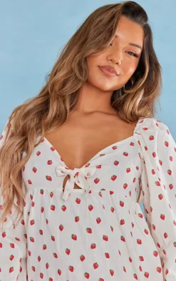 White Strawberry Print Tie Front Shift Dress
