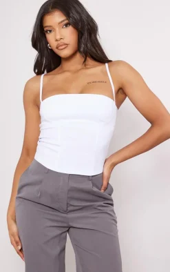 White Stretch Woven Spaghetti Strap Bust Detail Crop Top