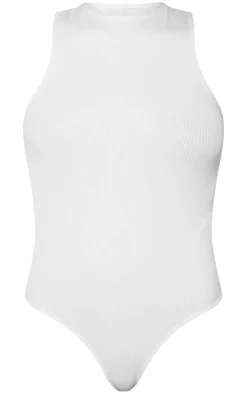 White Structured Contour Racer Neck Ribbed Bodysuit