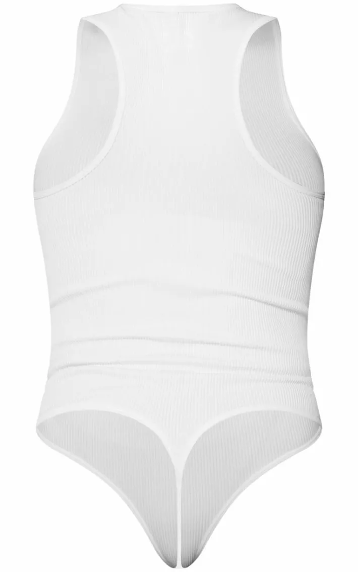 White Structured Contour Racer Neck Ribbed Bodysuit