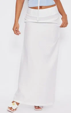 White Structured Linen Look Belt Loop Detail Maxi Skirt