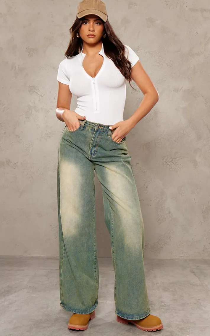 White Structured Snatched Ribbed Zip Front Short Sleeve Bodysuit