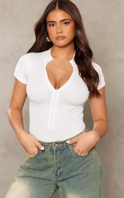White Structured Snatched Ribbed Zip Front Short Sleeve Bodysuit