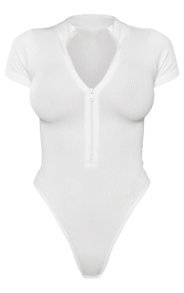 White Structured Snatched Ribbed Zip Front Short Sleeve Bodysuit