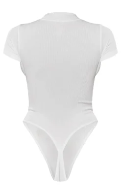 White Structured Snatched Ribbed Zip Front Short Sleeve Bodysuit