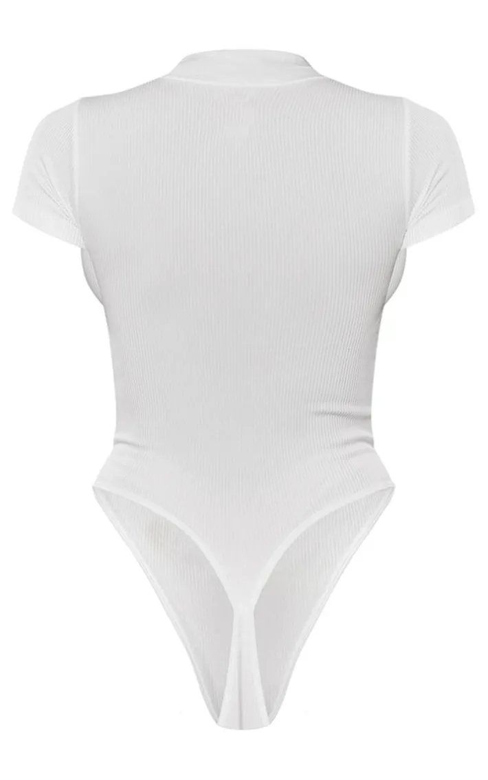 White Structured Snatched Ribbed Zip Front Short Sleeve Bodysuit