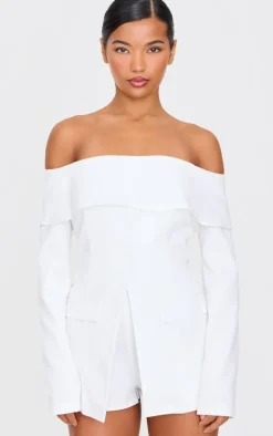 White Tailored Off The Shoulder Long Sleeve Romper