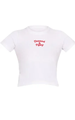 White Tanned And Tipsy Embroidered Fitted T Shirt
