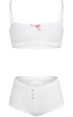 White Textured Bralette And Boxer Lingerie Set