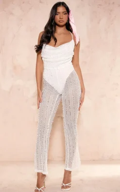 White Textured Cowl Strappy Flare Leg Jumpsuit