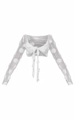 White Textured Flower Trim Tie Front Beach Top