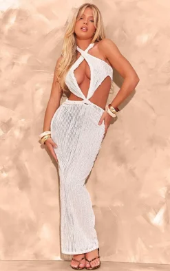White Textured Halterneck Cross Front Maxi Dress