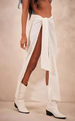 White Textured Jersey Wrap Knot Side Midaxi Skirt
