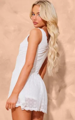 White Textured Lace Corset Detail Floaty Romper