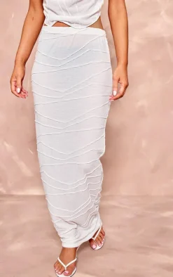 White Textured Mid Rise Maxi Skirt