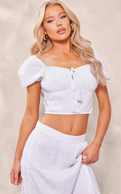 White Textured Puff Sleeve Tie Front Crop Top