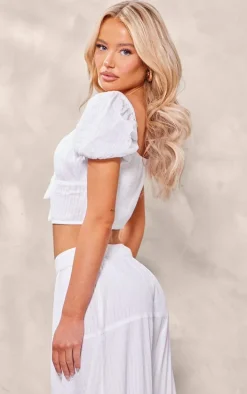 White Textured Puff Sleeve Tie Front Crop Top
