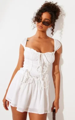 White Textured Ruched Puff Sleeve Bodycon Dress