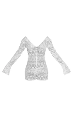 White Textured Scoop Neck Long Sleeve Unitard