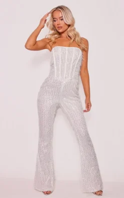 White Textured Sequin Corset Bandeau Jumpsuit
