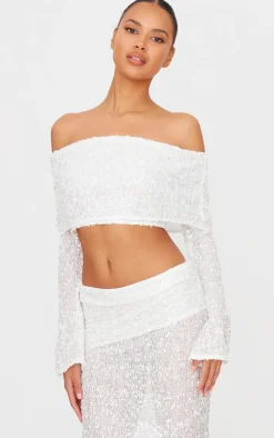 White Textured Sequin Foldover Maxi Skirt