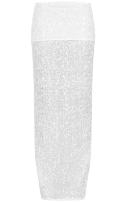 White Textured Sequin Foldover Maxi Skirt
