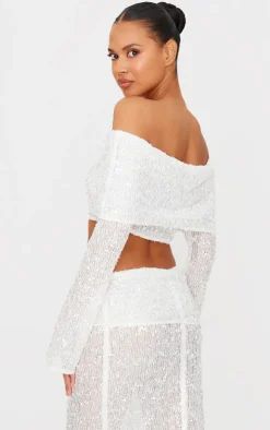 White Textured Sequin Foldover Bardot Top