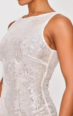 White Textured Sequin Racer Neck Maxi Dress