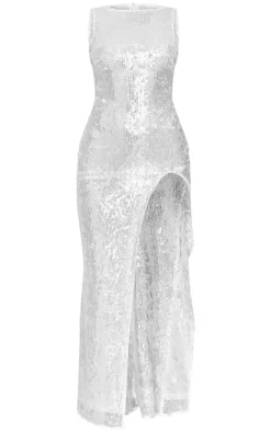 White Textured Sequin Racer Neck Maxi Dress