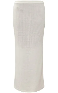White Textured Sheer Rib Low Rise Midi Skirt