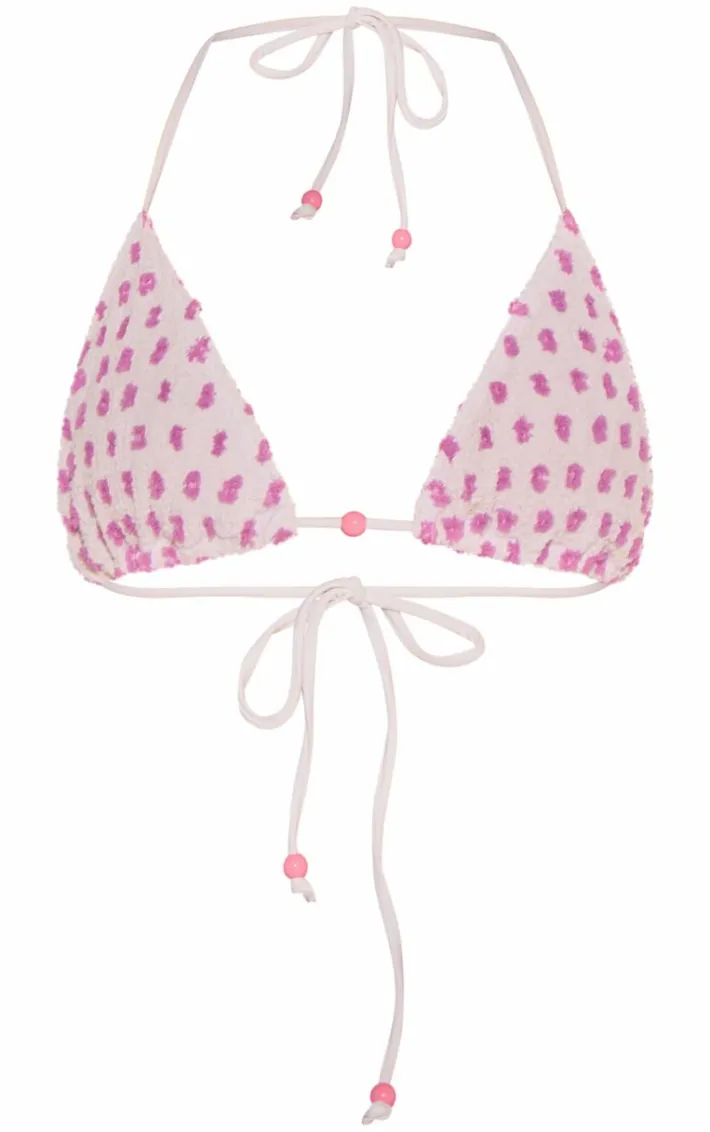 White Textured Spot Triangle Bikini Top