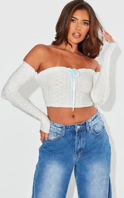 White Textured Stretch Ribbon Trim Long Sleeve Bardot Crop Top