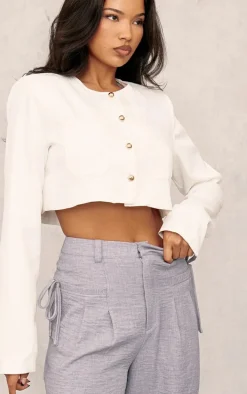 White Textured Tailored Cropped Jacket