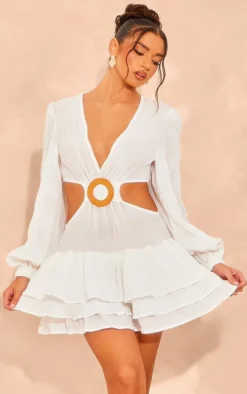 White Textured Tiered Ring Detail Shift Dress