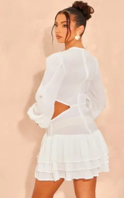 White Textured Tiered Ring Detail Shift Dress