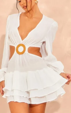 White Textured Tiered Ring Detail Shift Dress