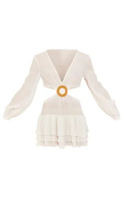 White Textured Tiered Ring Detail Shift Dress