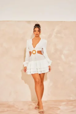 White Textured Tiered Ring Detail Shift Dress