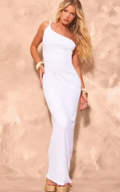 White Textured Twist One Shoulder Maxi Dress