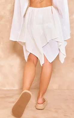 White Textured Woven Handkerchief Hem Mini Skirt