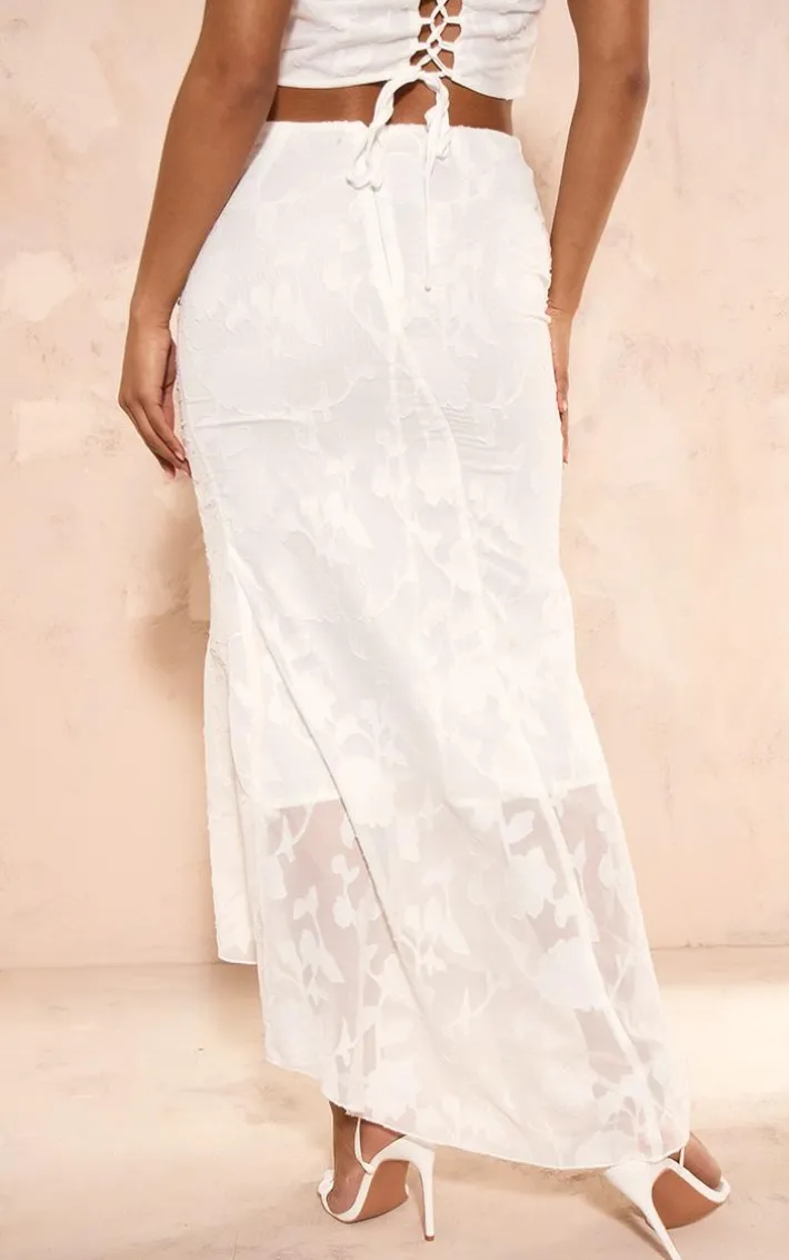 White Textured Woven Low Rise Fishtail Maxi Skirt