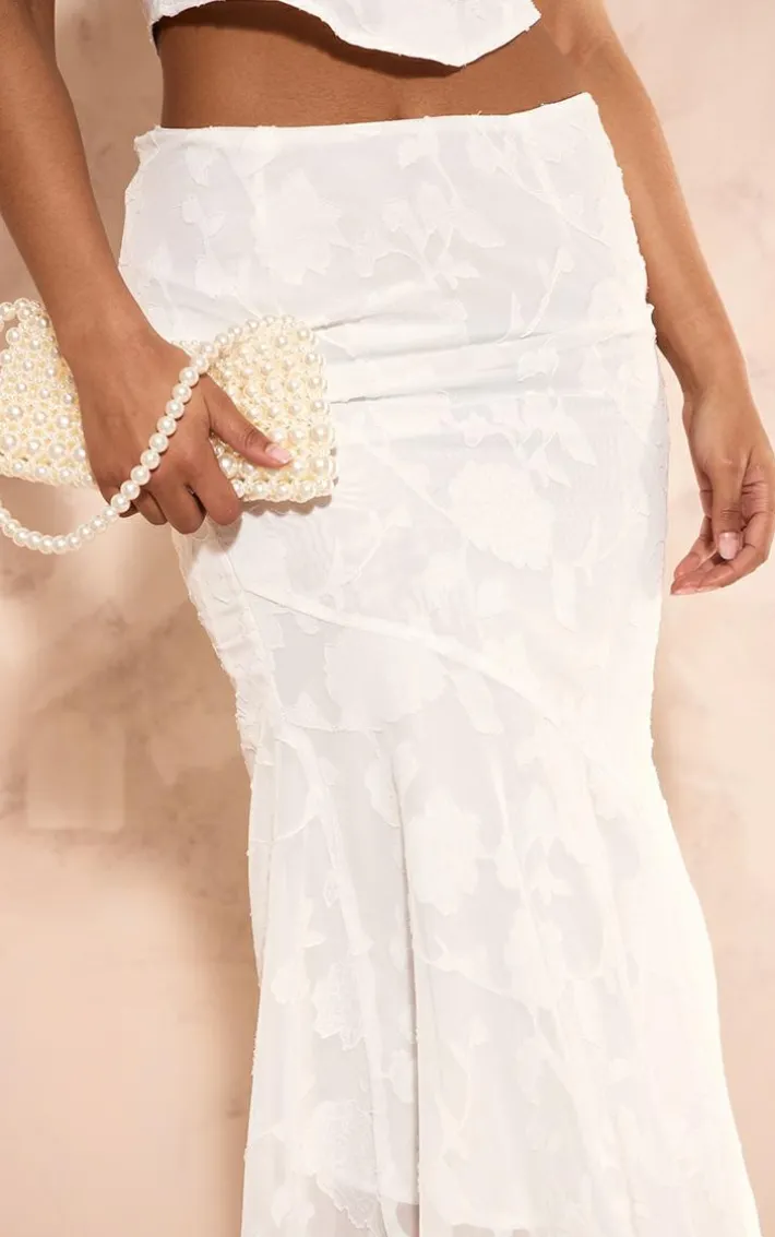 White Textured Woven Low Rise Fishtail Maxi Skirt