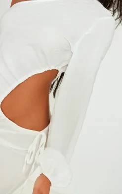 White Textured Woven Ruched Cut Out One Shoulder Shift Dress