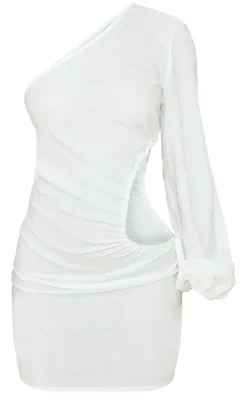 White Textured Woven Ruched Cut Out One Shoulder Shift Dress