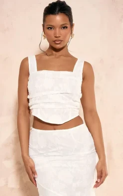 White Textured Woven Square Neck Ruched Front Corset