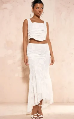 White Textured Woven Square Neck Ruched Front Corset